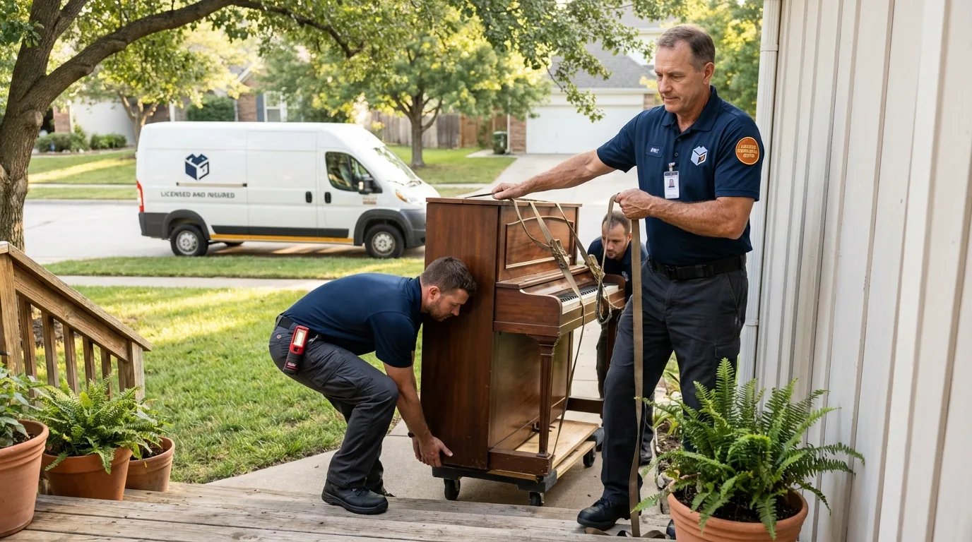 Licensed piano movers securing grand piano in Mastic Beach, NY