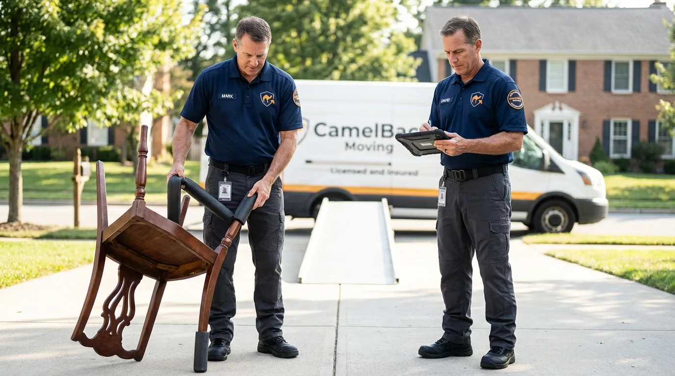 Movers inspecting furniture for damage prevention before loading in Mastic Beach, NY