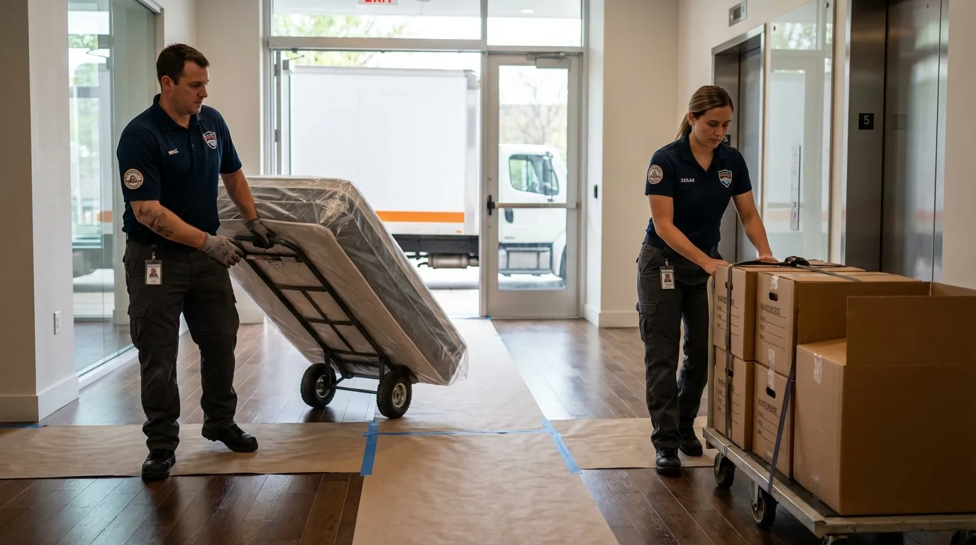 Professional apartment movers loading elevator in Mastic Beach, NY