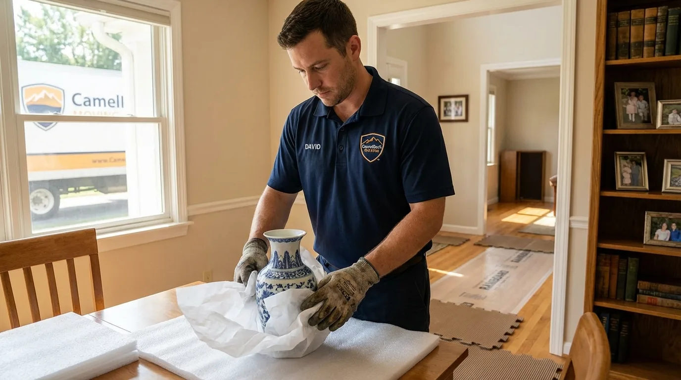 Professional crew carefully wrapping antique vase for senior downsizing move in Mastic Beach, NY