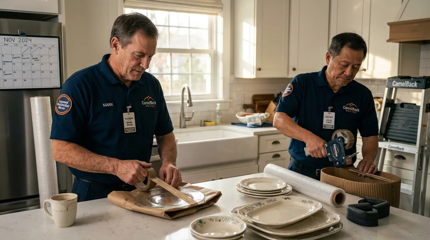 Professional crew packing kitchen dishware in Mastic Beach, NY